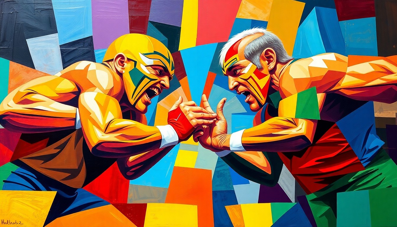 A fractured, multi-perspective painting depicting the intense action of a wrestling match, with sharp, overlapping geometric planes in vibrant colors representing the teams' official colors.
