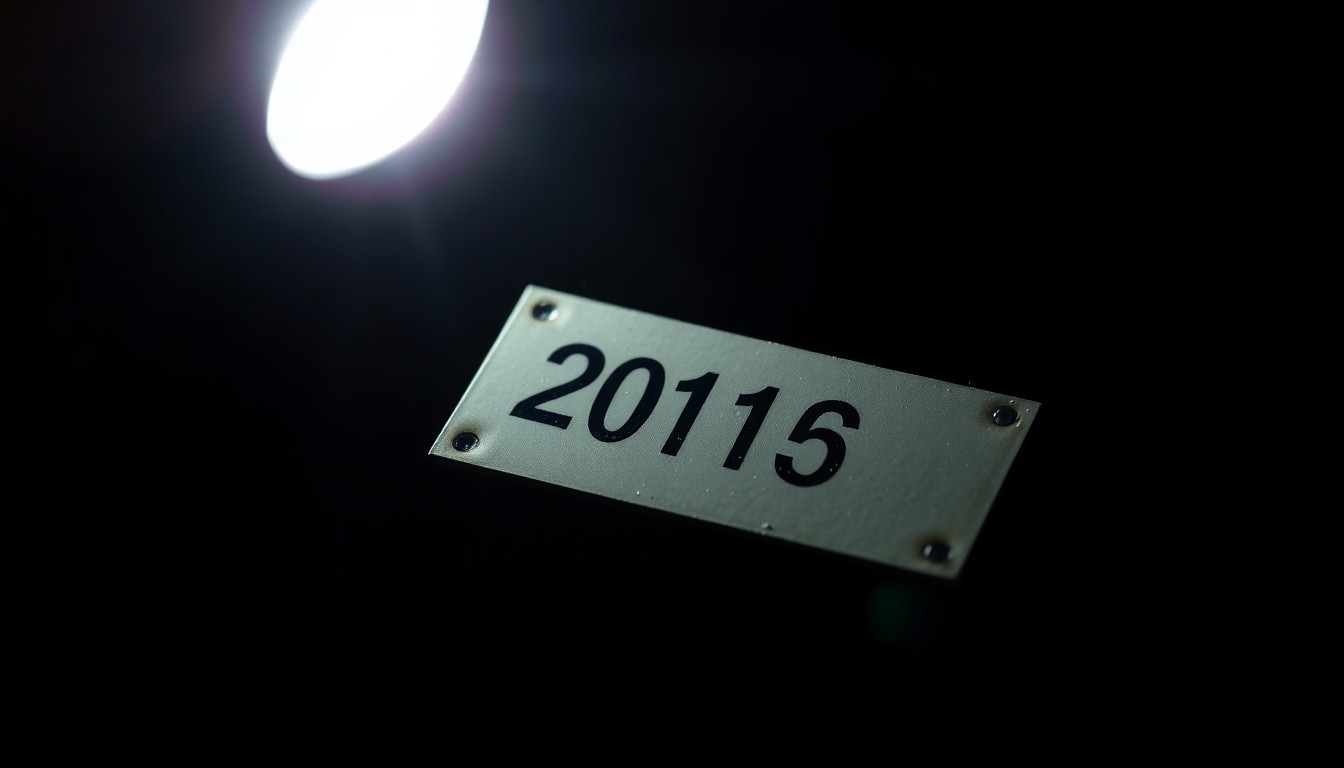 An extreme close-up photograph of a police evidence marker, such as a numbered placard or a small object found at the scene, lit by a harsh, direct camera flash against a pitch-black background, creating a stark, gritty, investigative aesthetic.