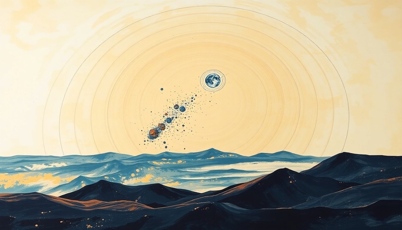 A highly structured abstract painting in earthy tones, depicting the trajectory and dispersal of a meteorite as it enters Earth's atmosphere, using sweeping geometric arcs, concentric circles, and precise spirals to convey the scientific forces at play.