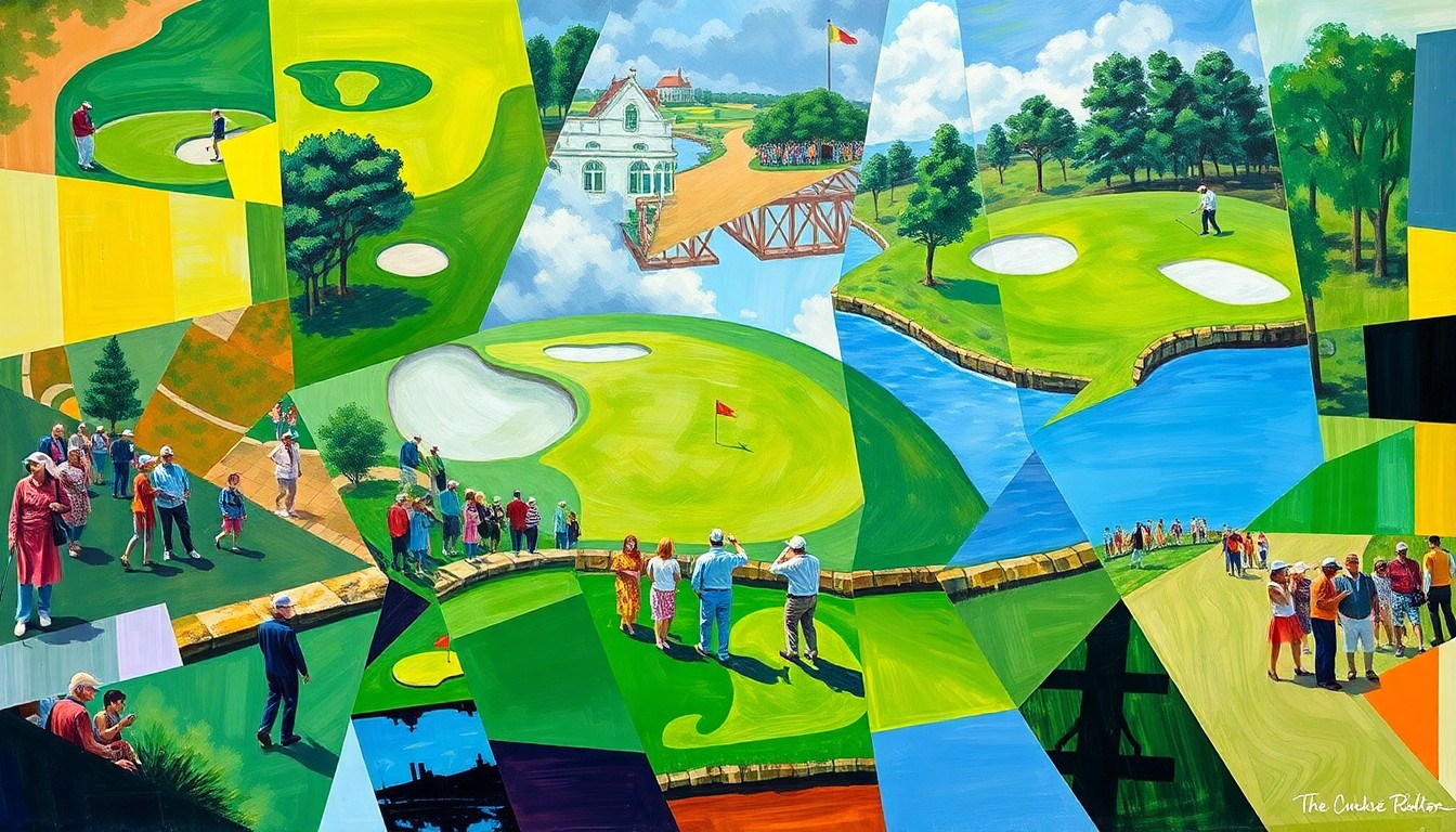 A fractured, multi-perspective painting in vibrant colors depicting the dynamic movements and energy of the Masters Par 3 Contest, with golfers and their families navigating the course's geometric planes.