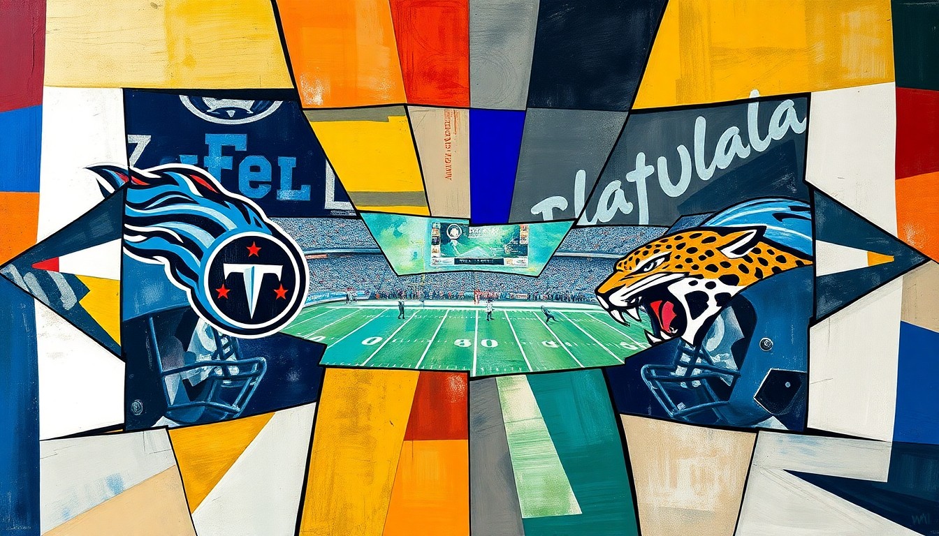 A cubist, geometric painting depicting a football game between two teams, with the players and field broken down into sharp, overlapping planes of color and shape, conveying the competitive energy of the matchup.