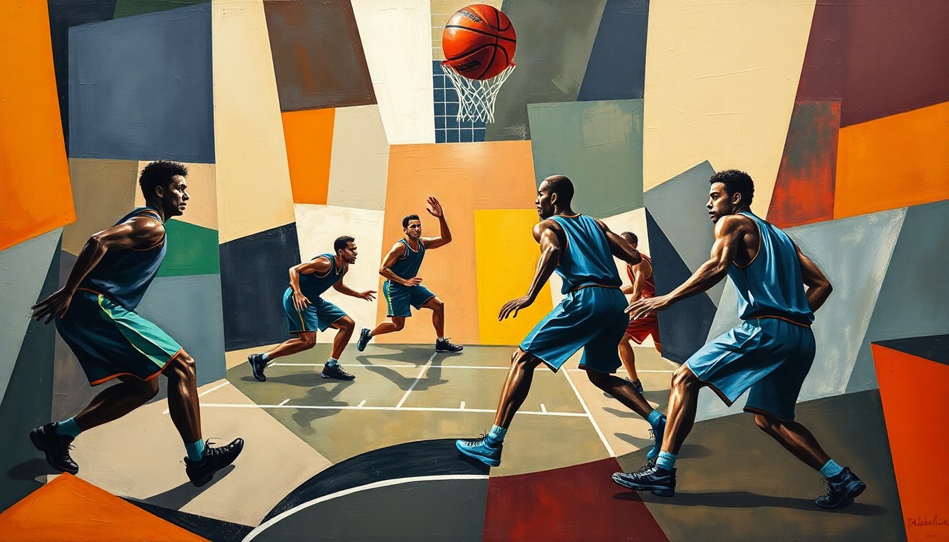 A fragmented, cubist-style painting depicting a basketball game, with the players' forms broken down into sharp, overlapping geometric shapes and the ball and court lines creating a dynamic, abstract composition.