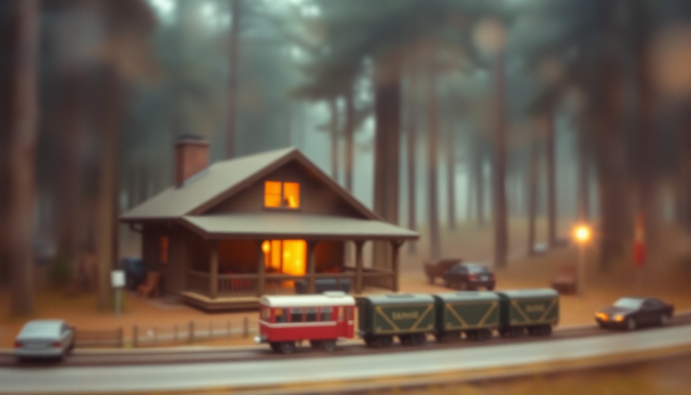 An extremely blurred and abstracted photograph of a cozy cabin in a wooded setting, with a model train set visible in the foreground, conveying a sense of warmth, nostalgia, and the tranquility that John Peter Mitchell found in his retirement.