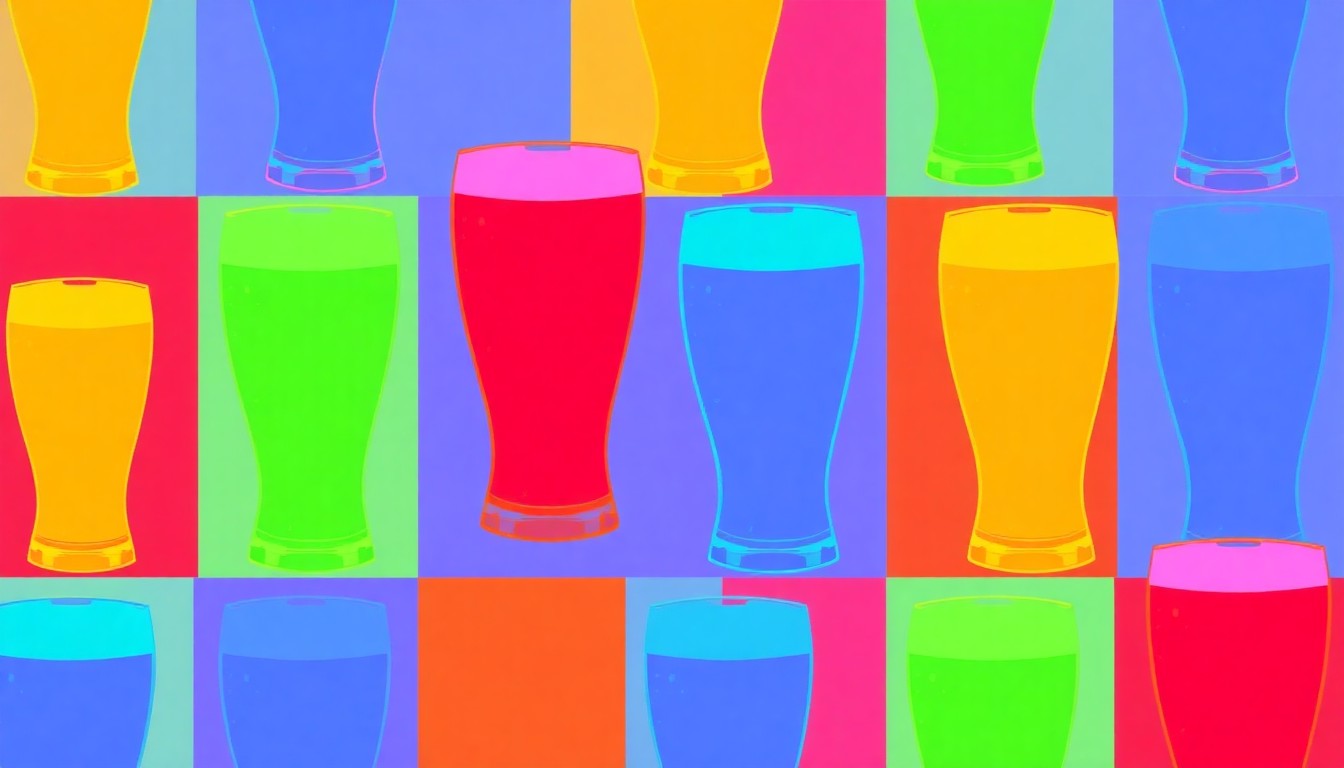 A brightly colored, high-contrast silkscreen print of a single, iconic pub object such as a beer glass or neon sign, repeated in a tight grid pattern, conceptually representing the historic pub's modern pop art aesthetic.