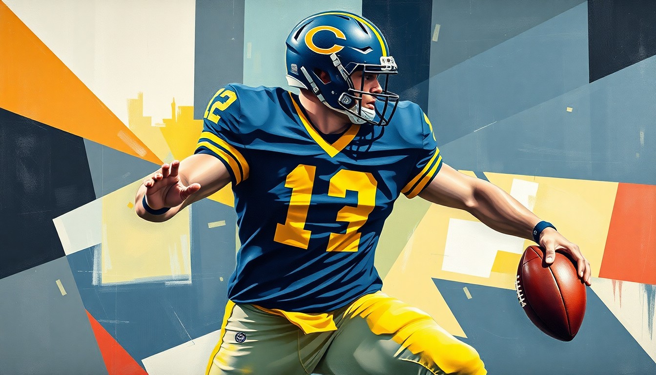 A fragmented, geometric painting depicting a football player in motion, with sharp, overlapping planes of color representing the player's movements and the multifaceted nature of his pursuits beyond the sport.