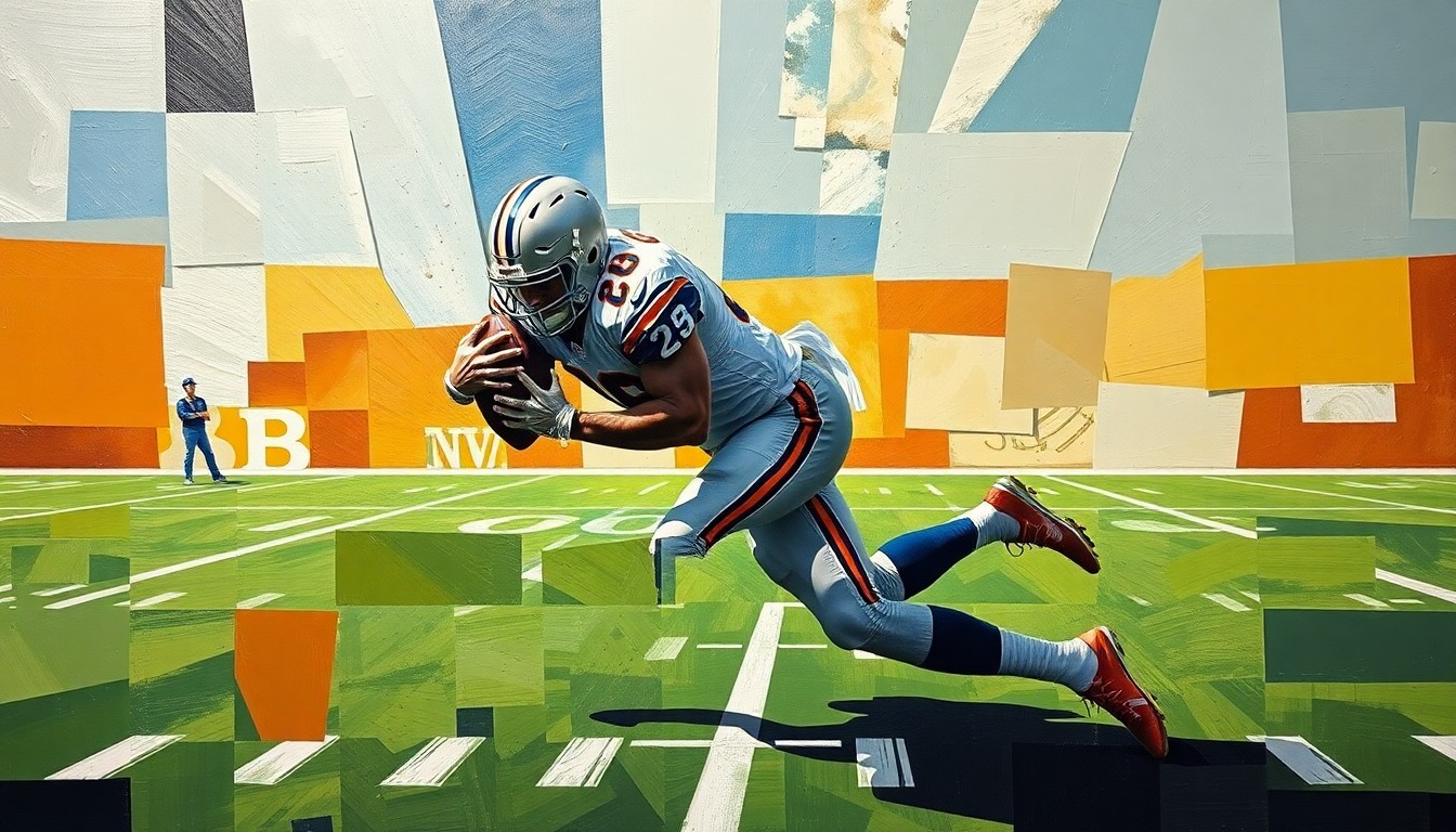 A fractured, cubist-style painting depicting a linebacker making a tackle, with the player's form broken down into sharp, overlapping geometric shapes in a vibrant color palette, conveying the raw energy and power of the sport.