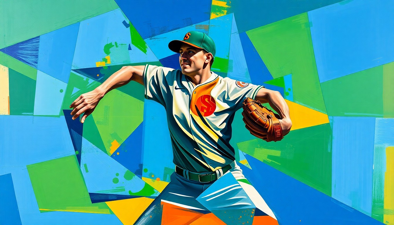 A cubist, geometric painting depicting a baseball pitcher's windup and delivery, with sharp, overlapping planes of vibrant blue, green, and orange hues, capturing the dynamic motion of the sport.