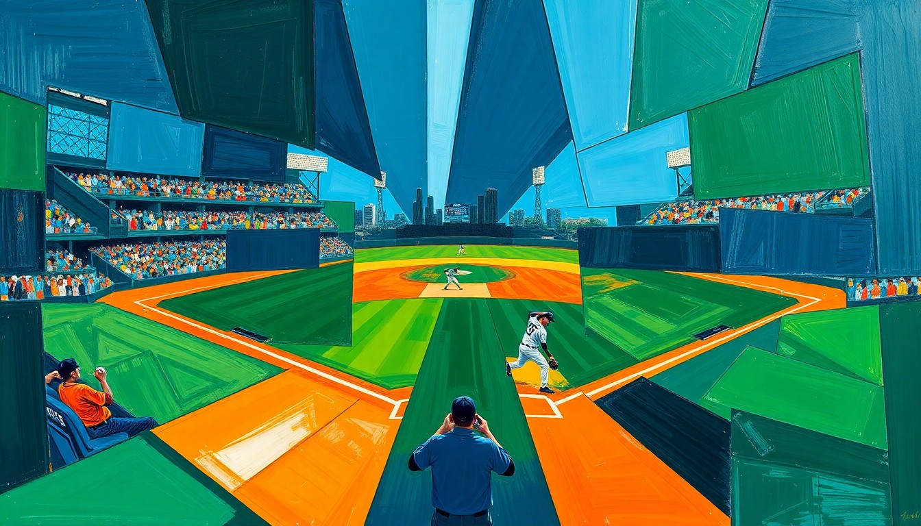 A cubist, geometric painting depicting a baseball pitcher in motion, with sharp, overlapping planes of color representing the dynamic action of the game.