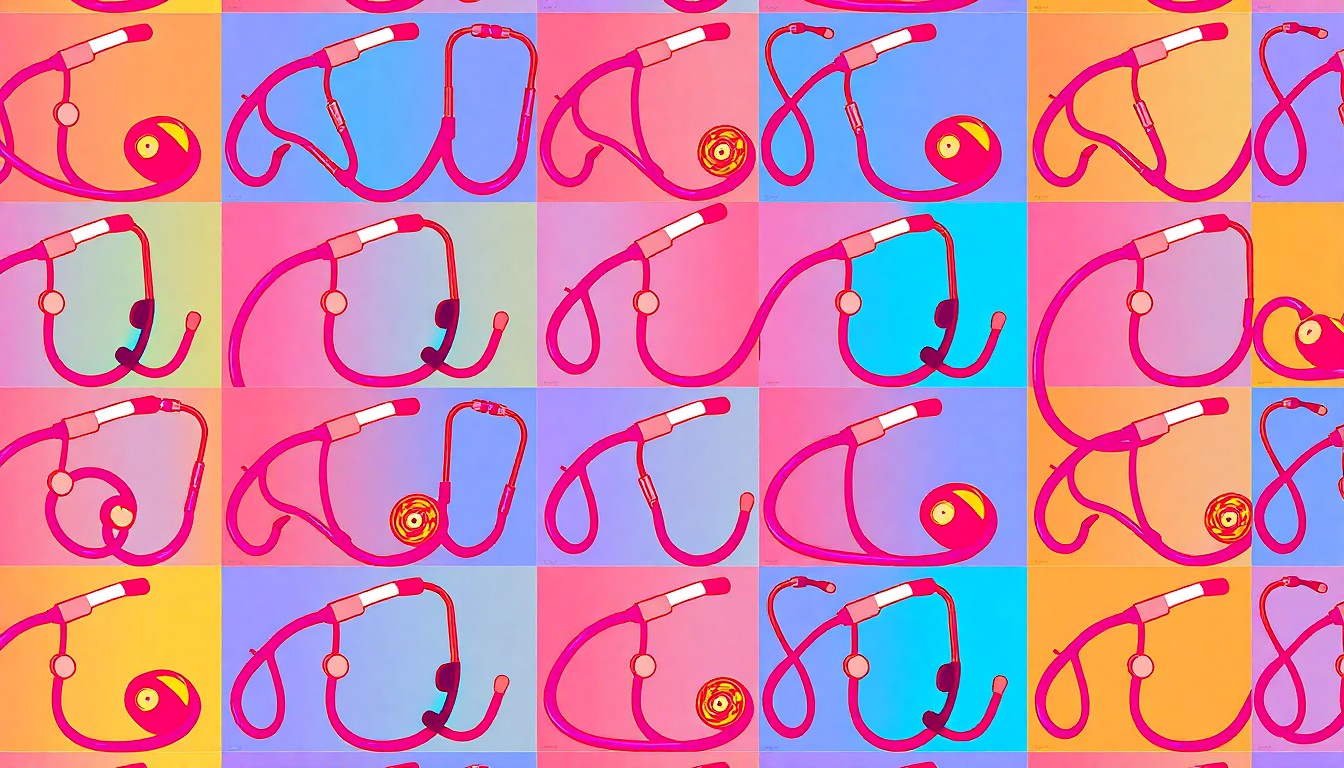 A bold, colorful silkscreen-style illustration featuring a repeating pattern of a medical stethoscope in bright neon shades, conceptually representing the prestige and innovation of the world's leading medical education programs.