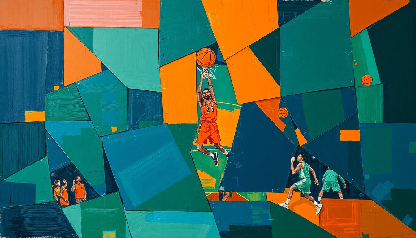 A cubist, geometric painting depicting a fragmented basketball game or NBA action, with sharp, overlapping planes in navy blue, forest green, and burnt orange, conceptually representing the multifaceted issues facing the league.
