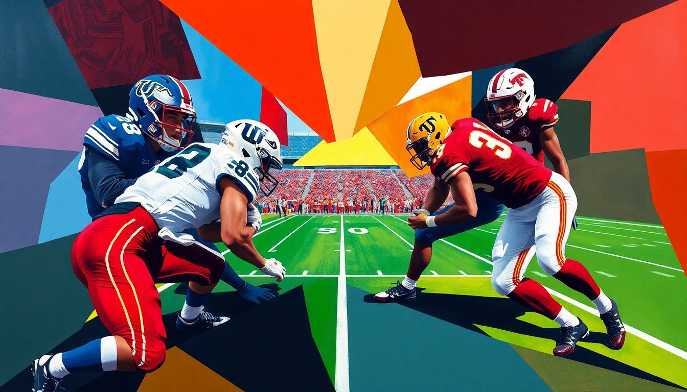 A fragmented, cubist-style painting depicting a college football game in progress, with players and the field rendered in bold, geometric shapes and vibrant colors, capturing the dynamic energy of the rivalry matchup.