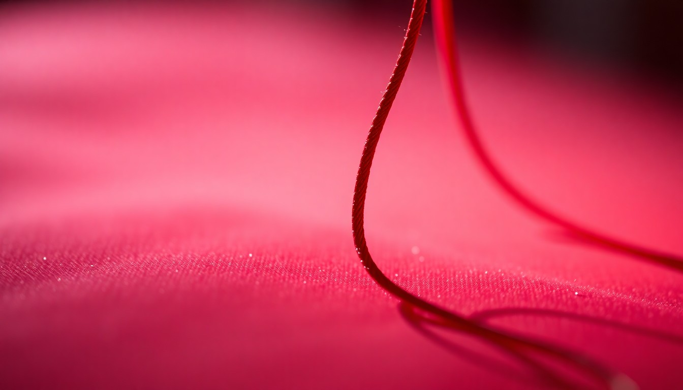An extreme close-up photograph of a red balloon string delicately resting on a plush, velvety fabric, capturing the soft, luxurious textures and dramatic lighting of a high-fashion editorial shoot.