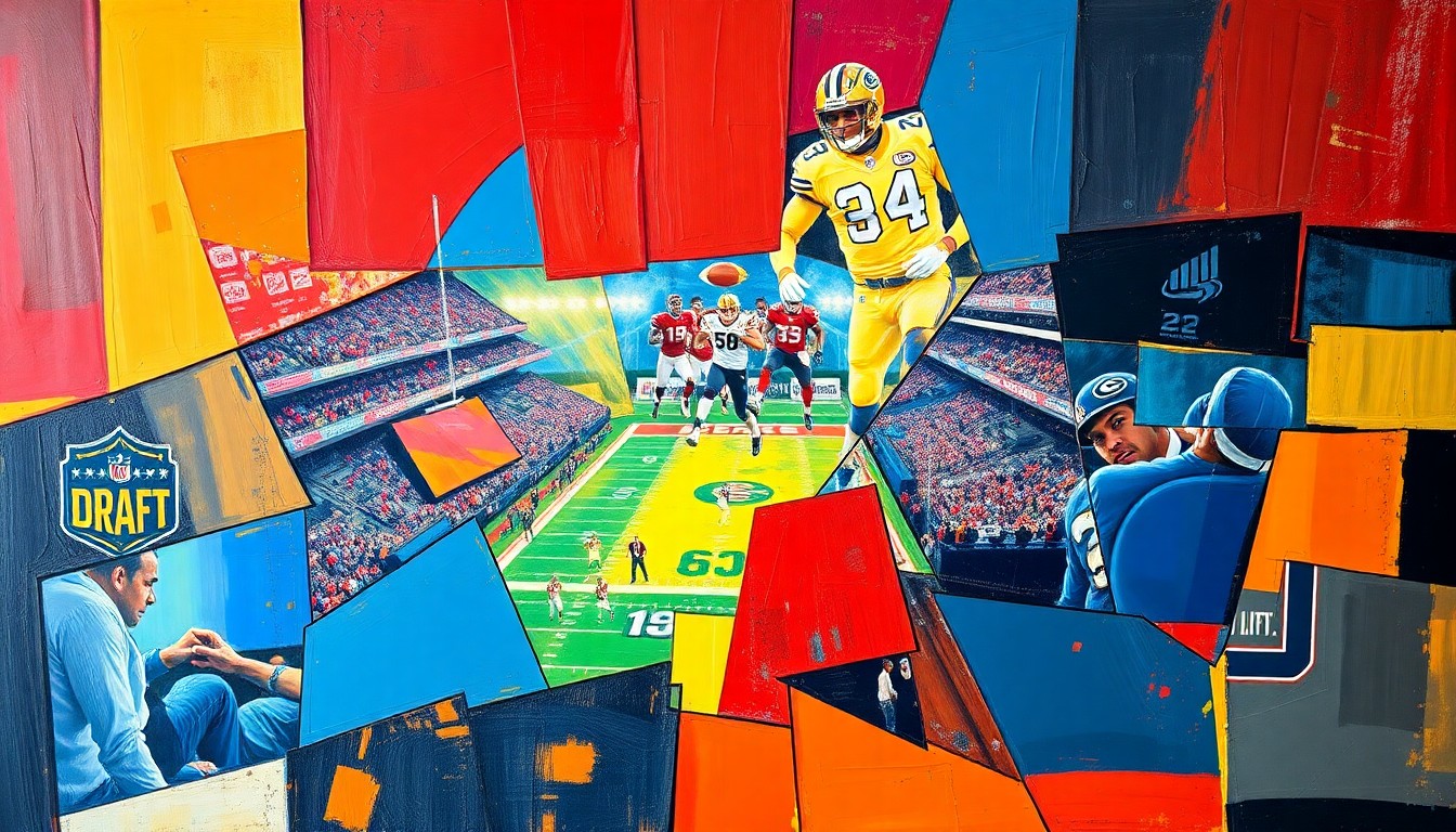 A cubist, geometric painting depicting fragmented football players, draft prospects, and team logos, conveying the complex strategic decisions facing the Kansas City Chiefs as they prepare for the upcoming NFL Draft.