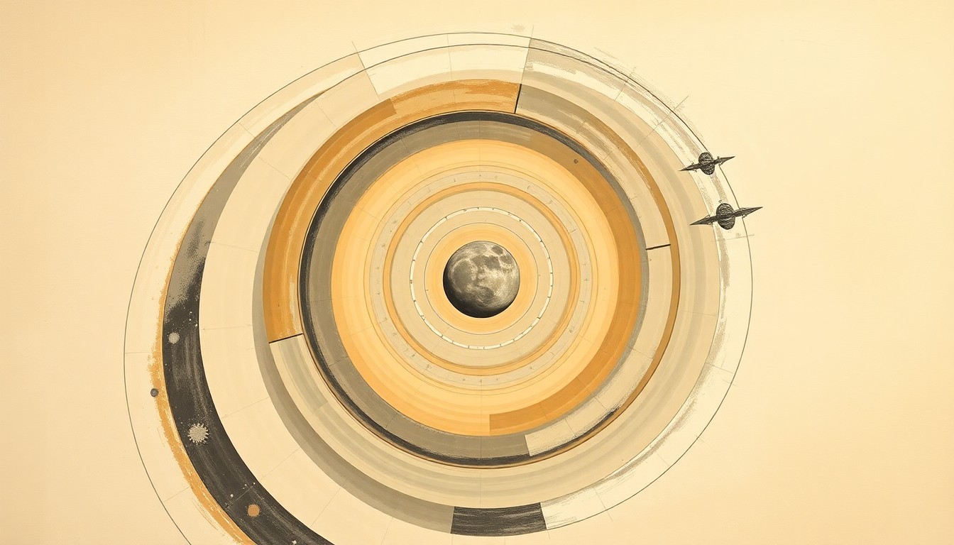 A highly textured, abstract painting featuring sweeping arcs, concentric circles, and precise astronomical spirals in earthy tones, conceptually representing the complex forces and structures involved in the Artemis II lunar orbit mission.