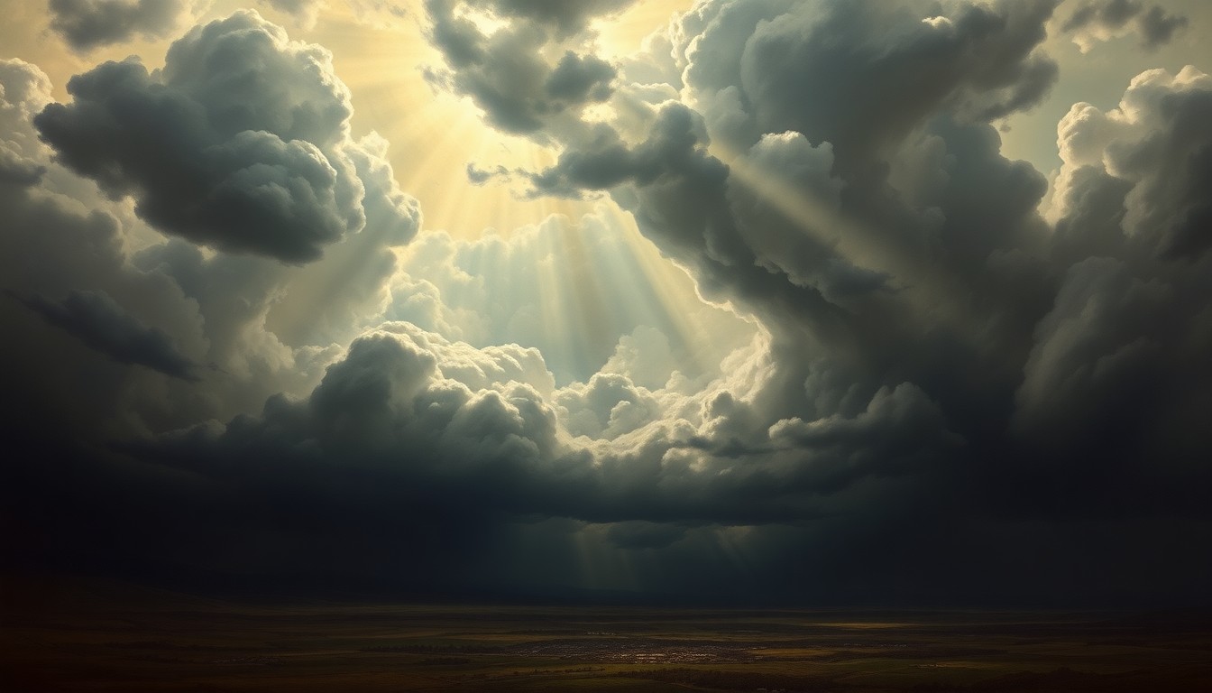 A dramatic landscape painting in the style of Caspar David Friedrich, with a small town or rural setting dwarfed by a vast, stormy sky filled with heavy, swirling clouds and ominous shafts of light, conveying the sublime power of the impending weather.