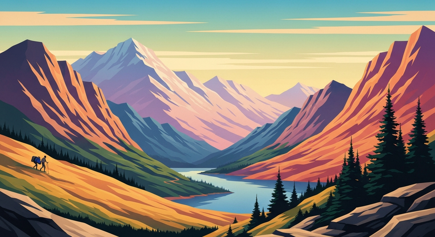 A bold, geometric illustration in the Art Deco style, featuring sweeping mountain landscapes and streamlined architectural forms, capturing the sense of adventure and changing trends in Appalachian Trail hiking.