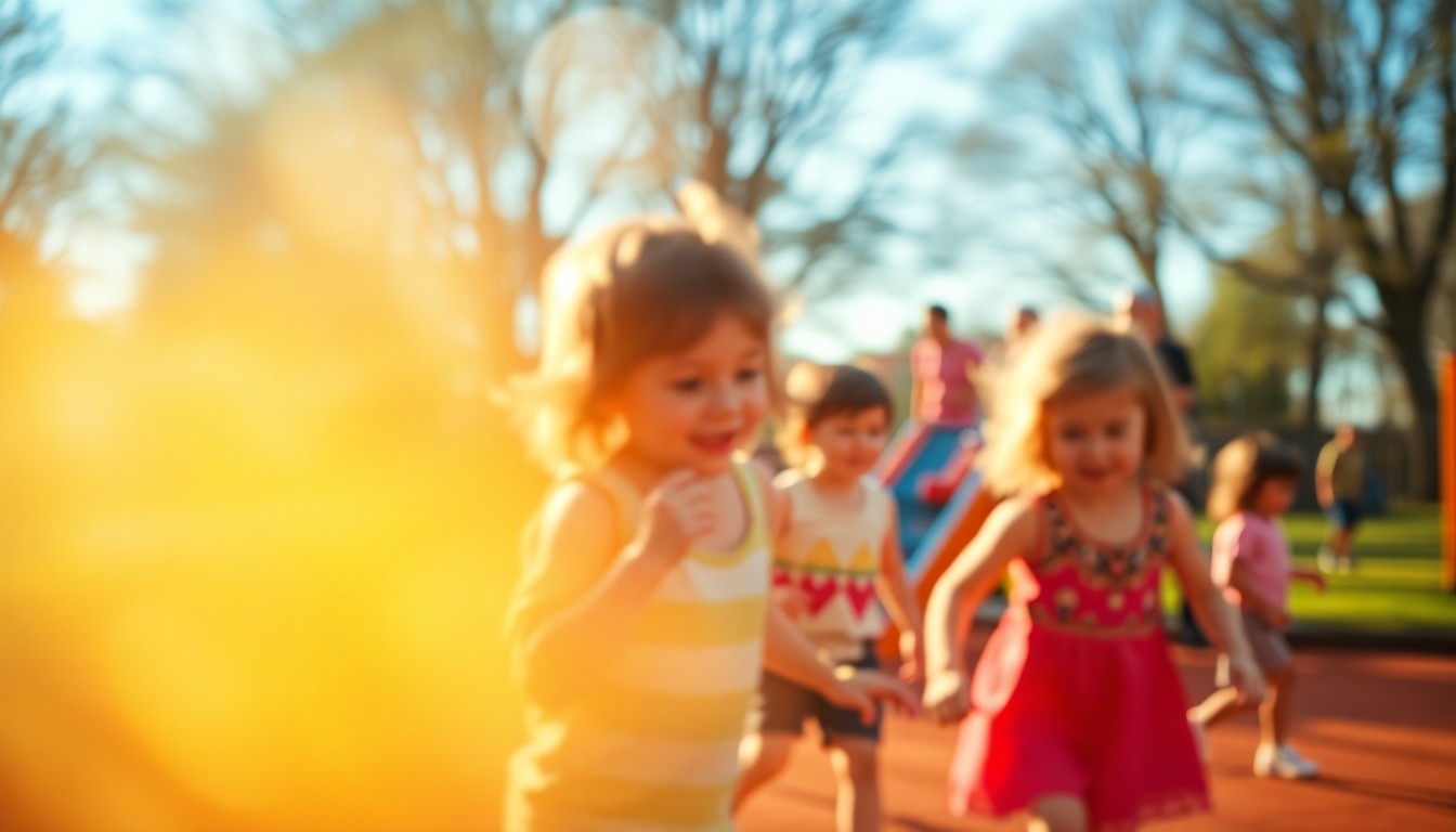 An abstract, impressionistic photograph showing the blurred silhouettes of children playing on a sunny outdoor playground, with warm washes of golden light and soft, pastel colors creating a sense of joy and community.