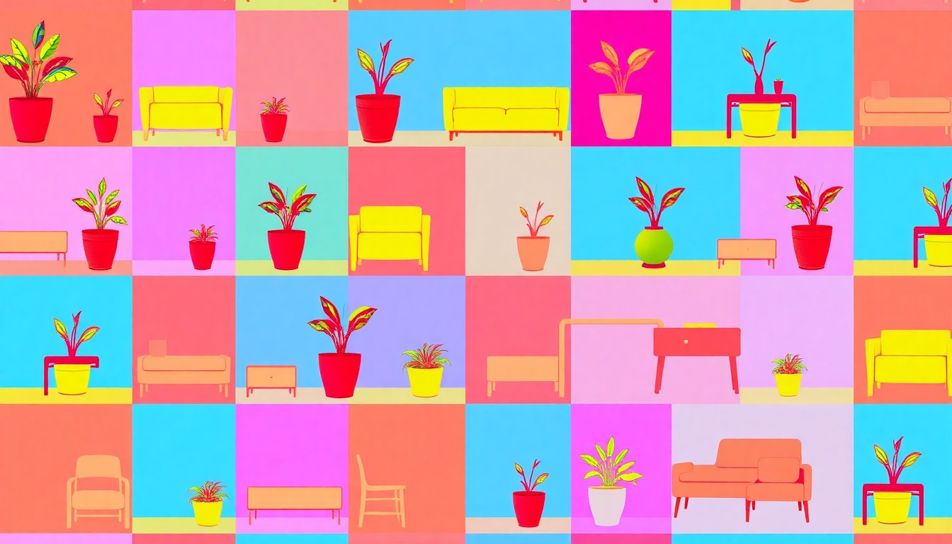 A high-contrast silkscreen print of a potted plant repeated in a grid pattern, using a vibrant neon color palette and heavy black outlines to create a modern pop art interpretation of a common household item.