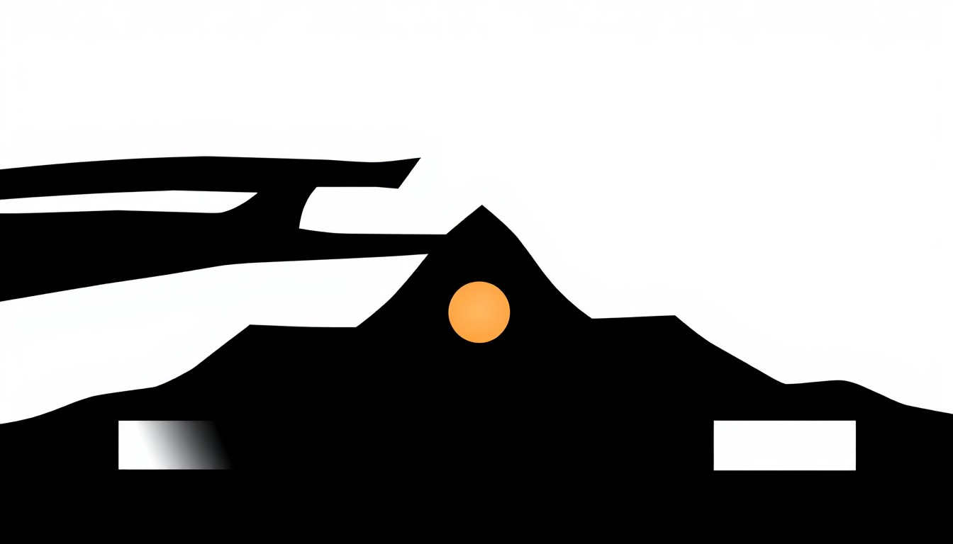 A striking, abstract illustration featuring a jagged, black silhouette of a guitar or microphone shape against a stark white background, conceptually representing the launch of a new rock radio station in Las Cruces.