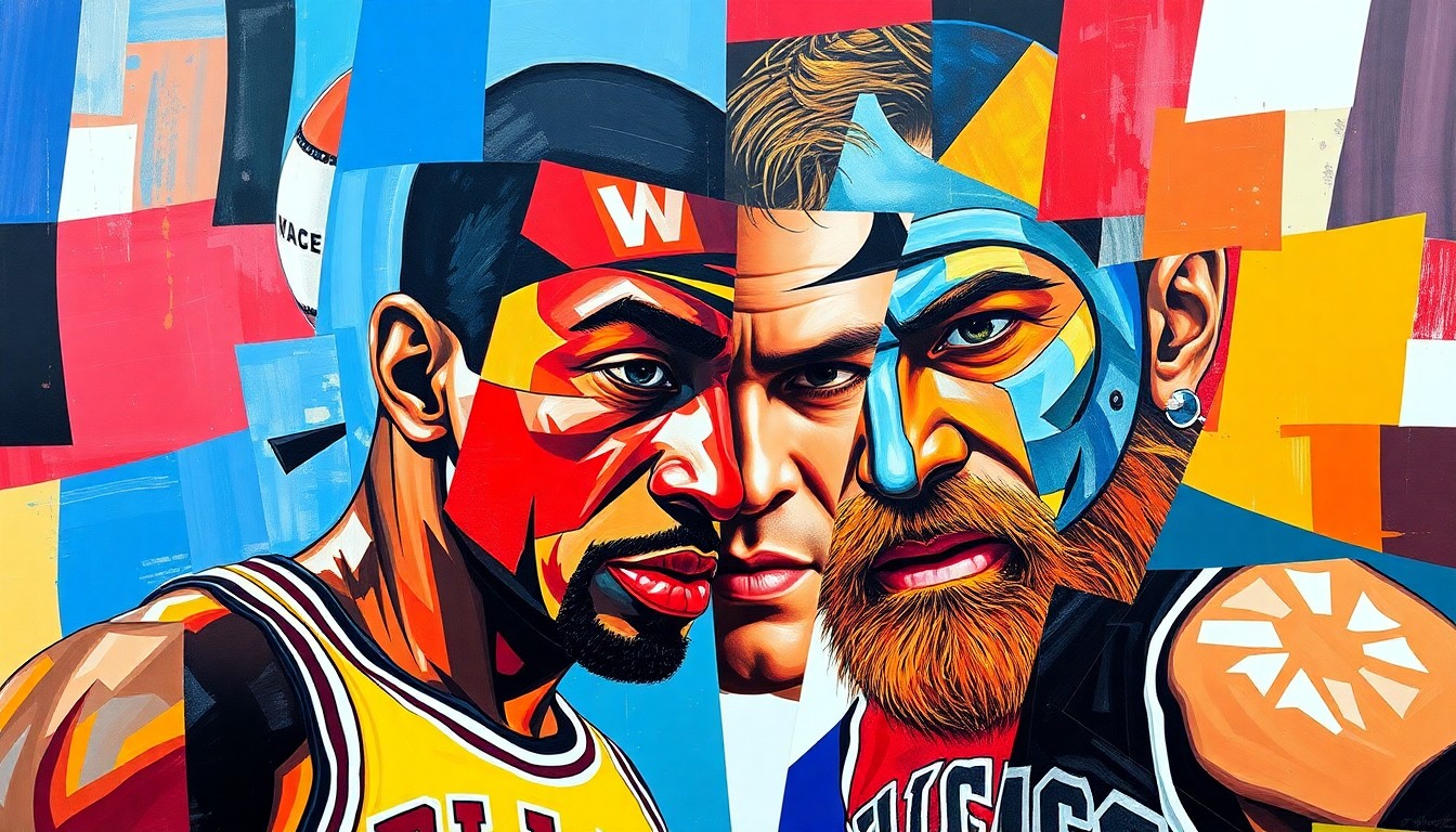 A fragmented, geometric painting in vibrant colors depicting the basketball and wrestling careers of Dennis Rodman, with sharp planes and overlapping shapes representing the duality of his unconventional path.