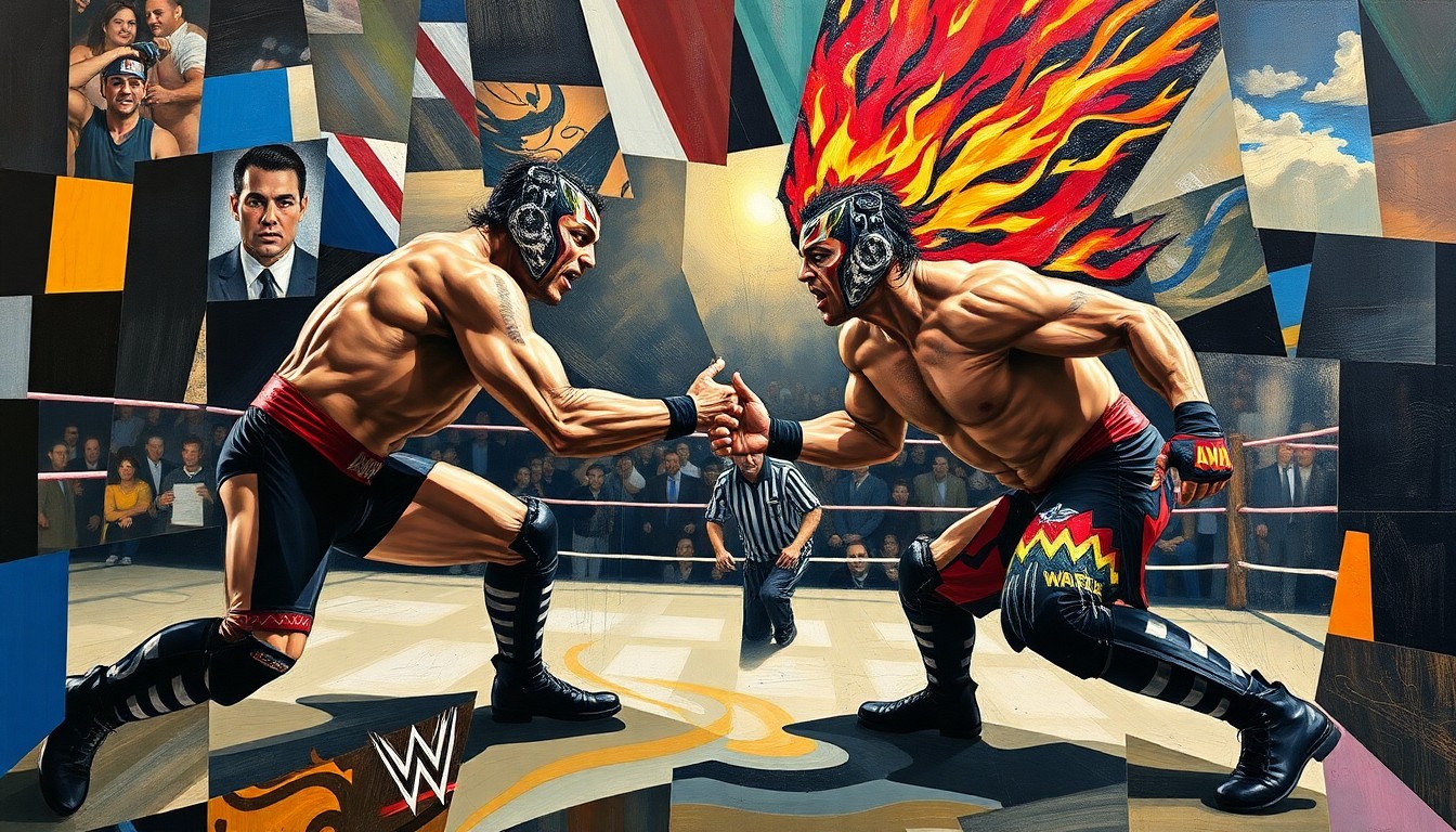 A cubist-style painting depicting a wrestling match or competition between two figures, broken down into sharp, overlapping geometric shapes in vibrant colors, representing the clash of eras and ideologies in the world of professional wrestling.