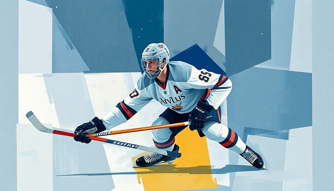 A fractured, cubist-style painting depicting a hockey defenseman in action, with their form broken down into overlapping geometric shapes and planes in muted blues, grays, and whites with hints of red and yellow.