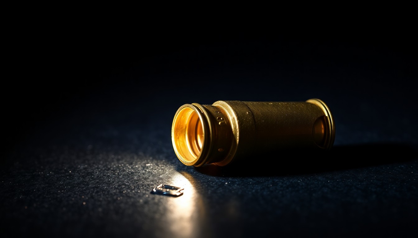 An extreme close-up of a metallic shell casing reflecting a harsh, direct camera flash, conceptually representing the gritty details of a crime scene investigation.