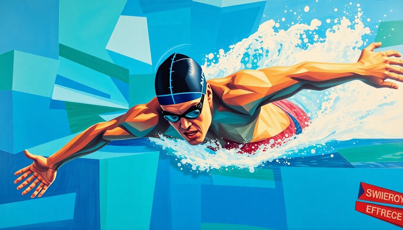 A cubist-style painting depicting a swimmer performing the butterfly stroke, with the figure broken down into sharp, overlapping geometric shapes in vibrant shades of blue, green, and red.