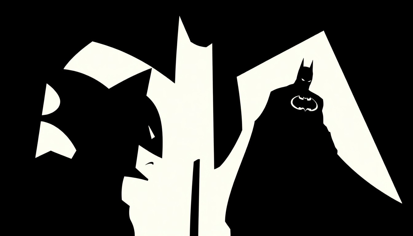An abstract, minimalist illustration featuring sharp, angular shapes in contrasting black and red, conceptually representing the tension between grounded realism and fantastical comic book storytelling in the world of Batman.