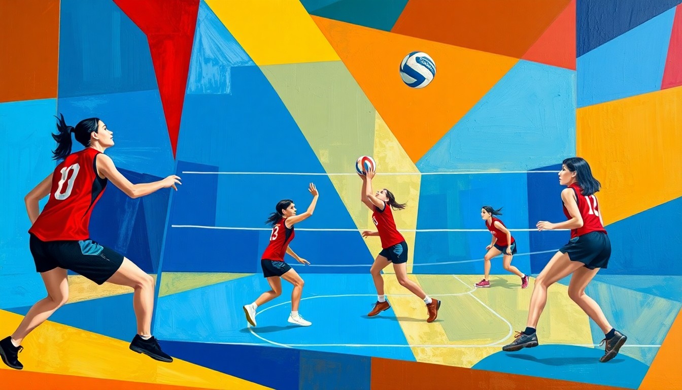 A fractured, multi-perspective painting with dynamic, angular shapes in a vibrant color palette, conceptually representing the competitive spirit and athletic movements of a high school volleyball match.