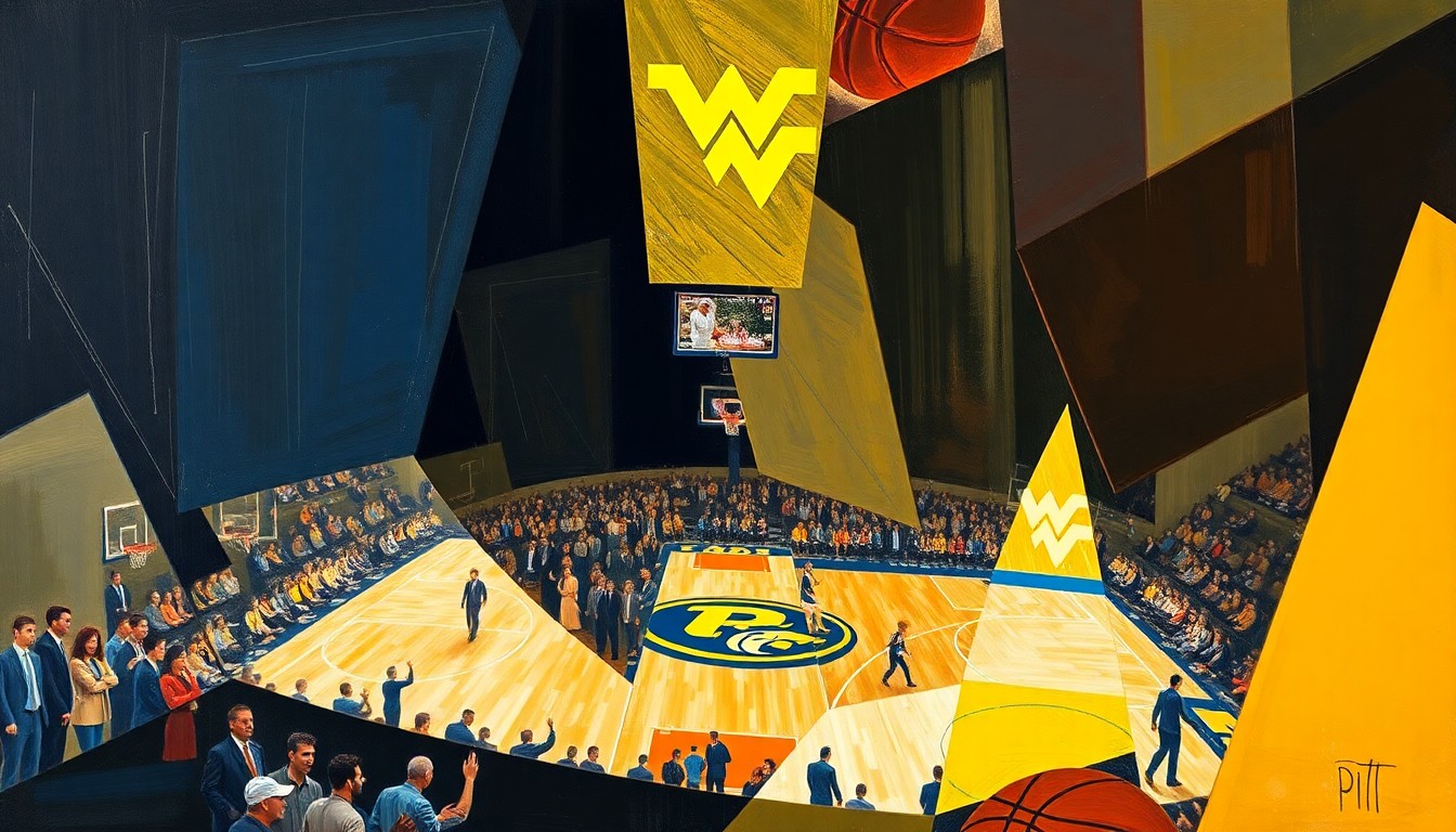 A cubist, geometric painting depicting the action of a college basketball game, with sharp, overlapping planes of color and shape representing the intensity and drama of the Backyard Brawl rivalry.