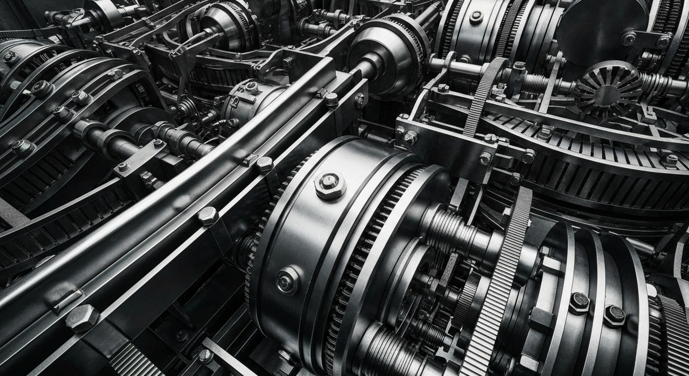 An extreme close-up of a complex, metallic financial mechanism such as a stock ticker or trading terminal, rendered in high contrast and cinematic lighting to convey a sense of power and the unseen forces driving the global economy.