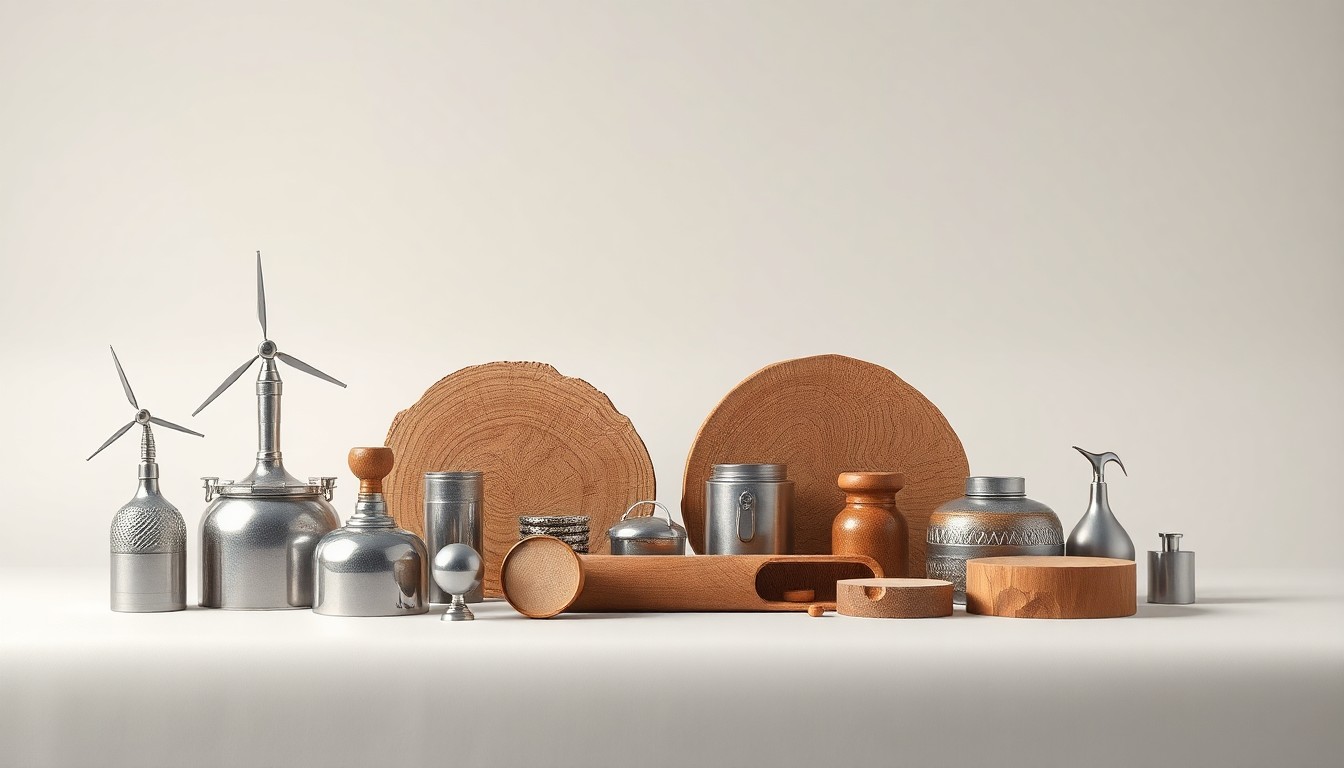 A minimalist studio still life featuring a collection of sleek, polished metal and wood objects arranged in a clean, elegant composition, symbolizing the abstract themes of energy infrastructure, land rights, and environmental conservation.
