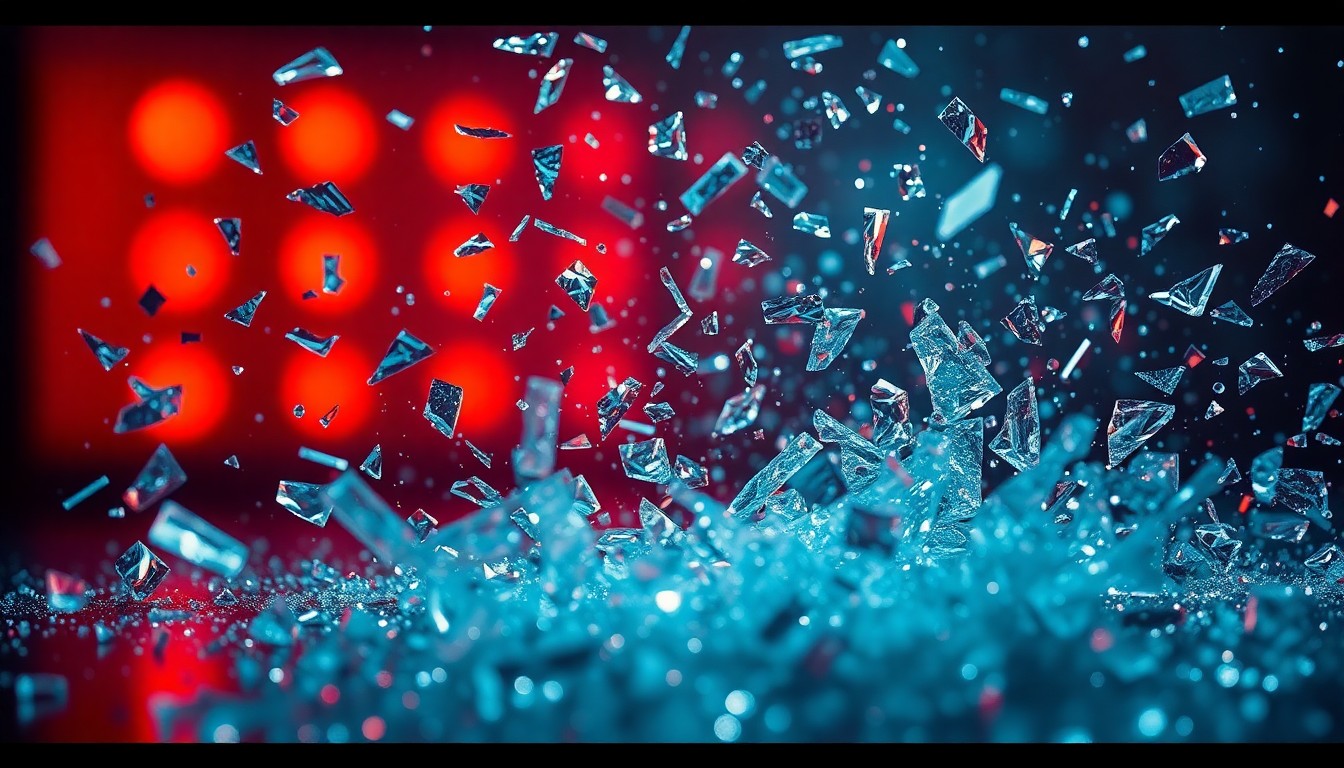 An extreme close-up of shattered glass and glittering shards in dramatic, high-contrast studio lighting, conceptually representing the gritty glamour and violent underbelly of the gangster genre.