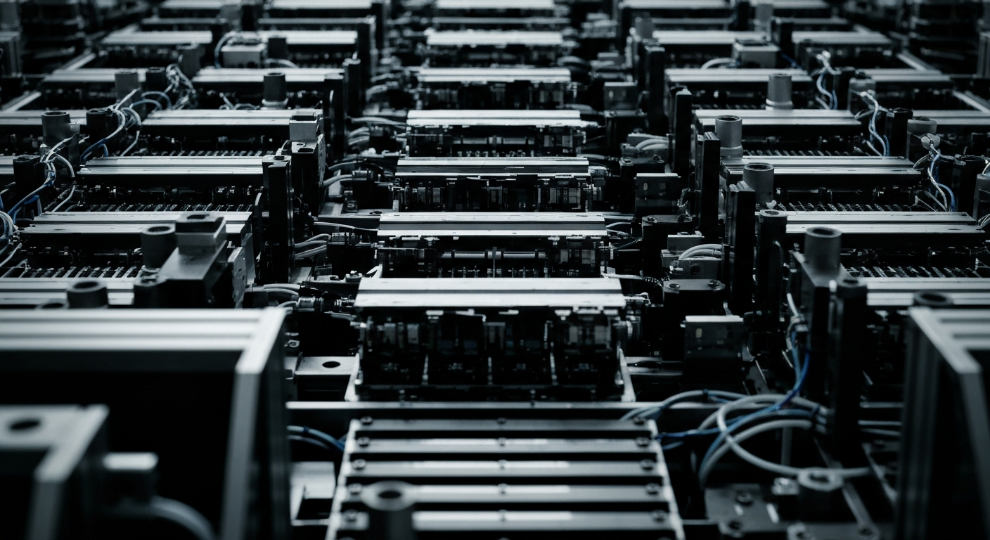 A close-up, high-contrast image of the intricate machinery and components inside a semiconductor fabrication facility, conveying the complex, high-tech nature of semiconductor manufacturing.