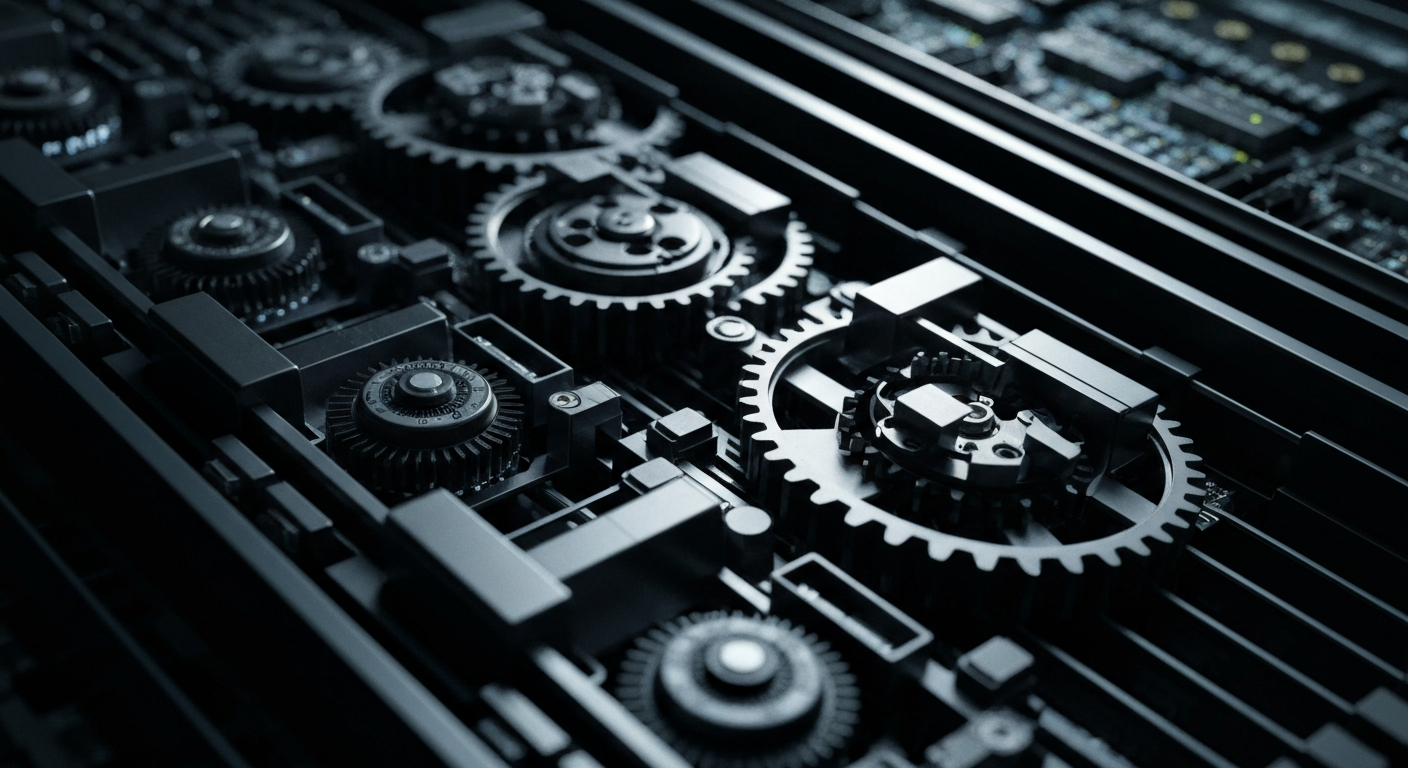 An extreme close-up of the intricate, industrial-looking components and machinery of a high-tech media server, representing the complex technological infrastructure that enables Netflix's global streaming platform.