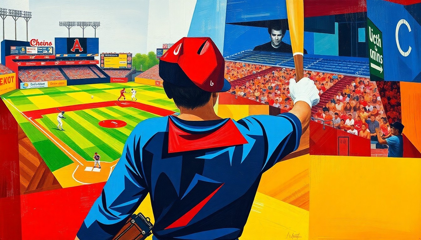 A fragmented, geometric painting depicting a baseball player in motion, with sharp planes of color and form representing the complexities of defensive play in the modern game.