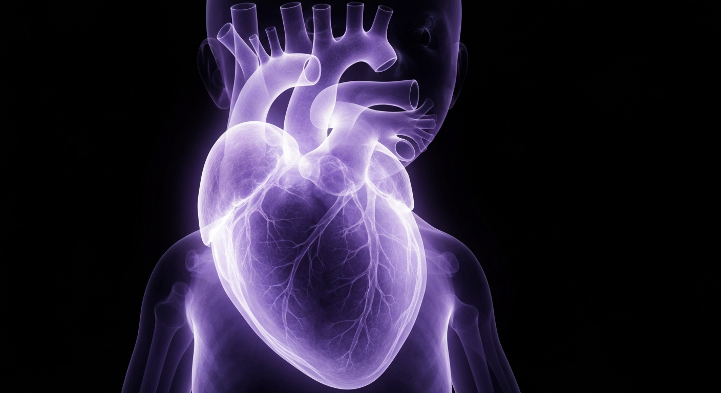 A translucent, ghostly X-ray photograph revealing the intricate internal structure of a healthy child's heart, glowing with vibrant lines and shapes that convey the resilience and recovery of the organ.