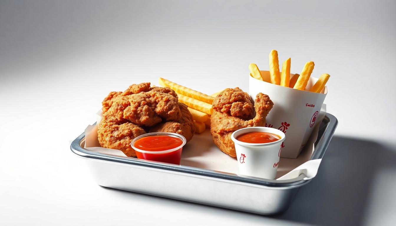 A high-end studio photograph featuring a polished metal fast food tray with a fried chicken sandwich, waffle fries, and Chick-fil-A sauce, conveying a sense of premium quality and corporate strategy.