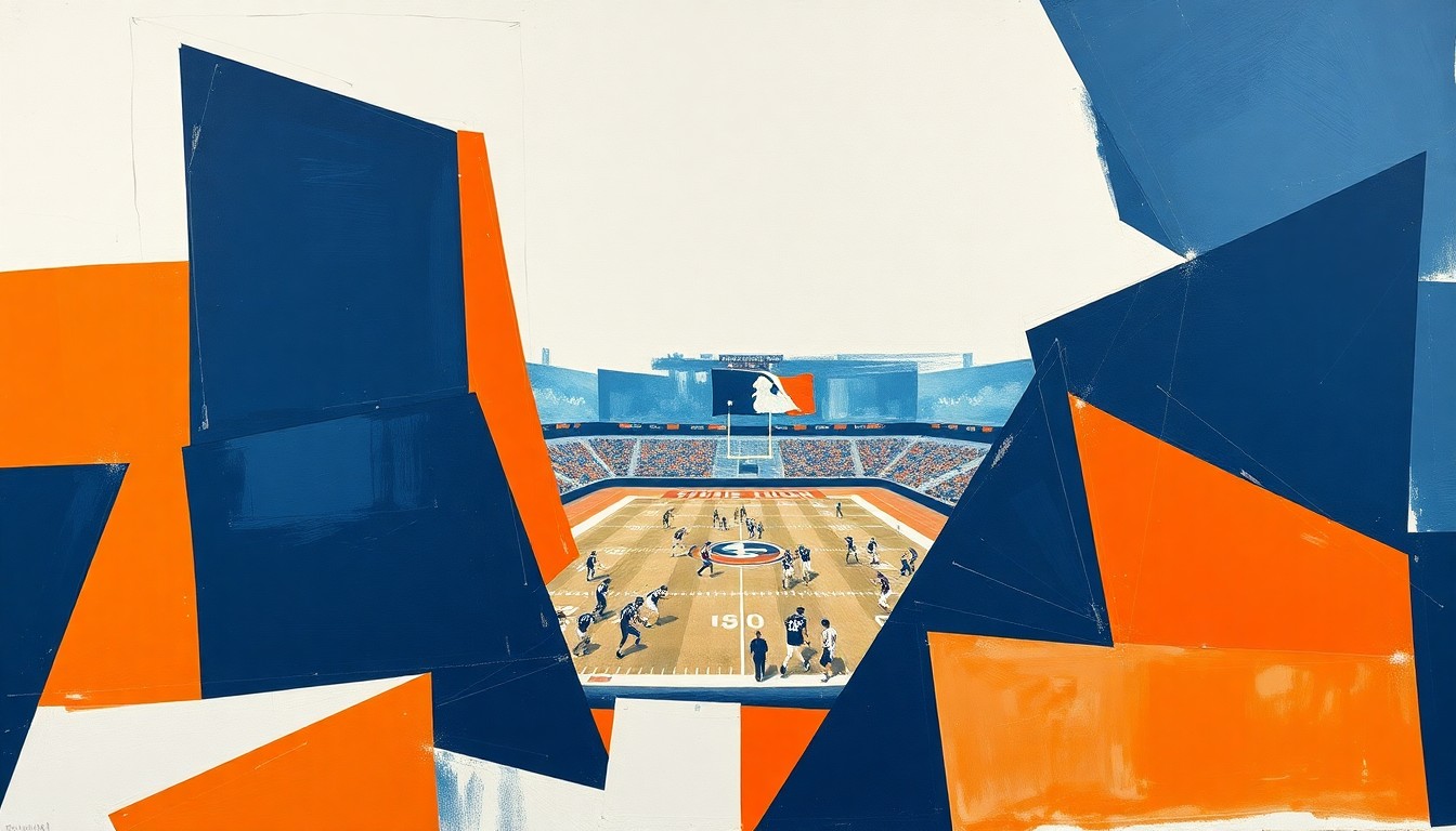 A cubist, geometric painting depicting fragmented and overlapping scenes of a college football game, with sharp planes of navy blue, orange, and white representing the players and action on the field.