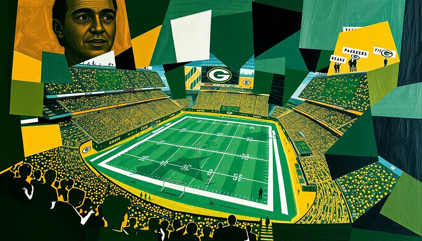 A cubist, geometric painting depicting a fragmented, multi-angled view of a football stadium or game, with the dominant colors being the official green, gold, and white of the Green Bay Packers. The abstract, deconstructed style conceptually represents the challenges and uncertainties facing the team as they navigate potential changes to broadcast laws.