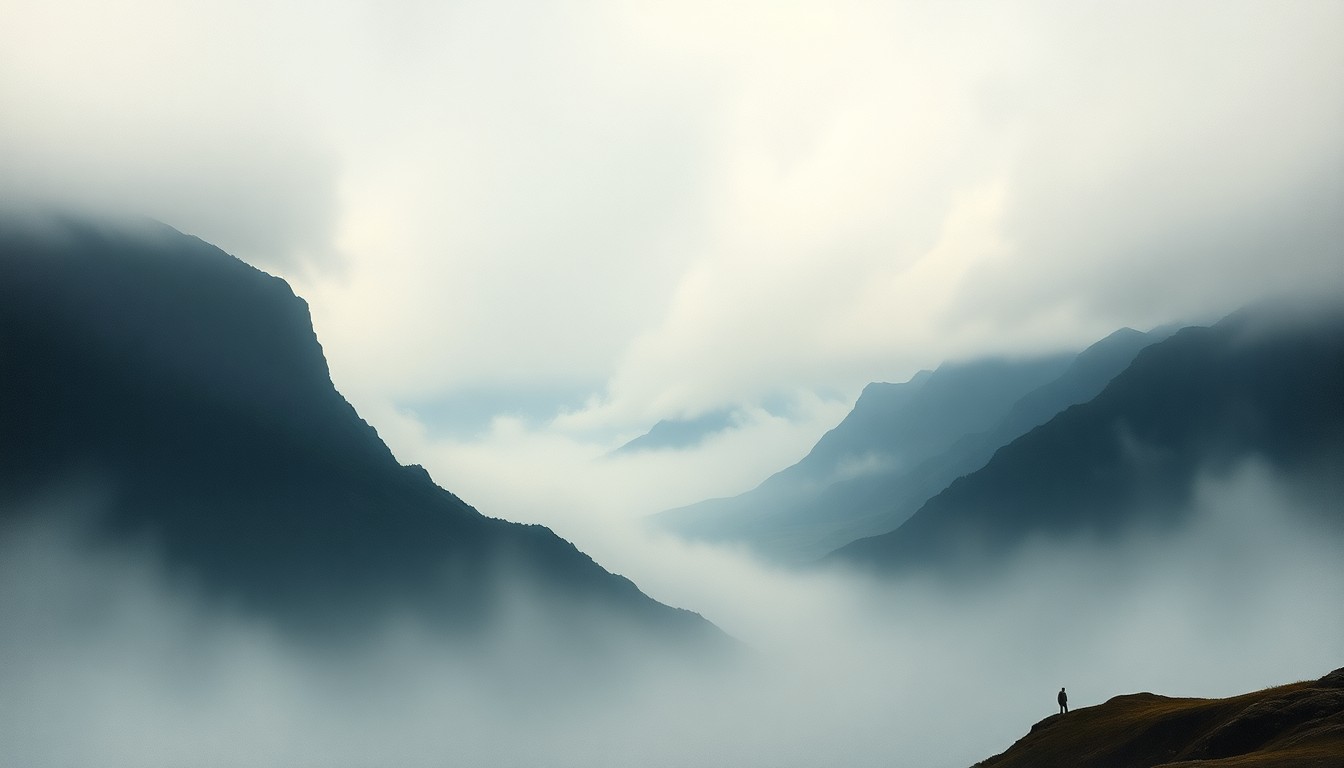 A vast, atmospheric landscape painting in muted tones of gray and blue, depicting the rugged terrain of Catalina Island shrouded in heavy fog. The remnants of a crashed plane are barely visible in the distance, dwarfed by the overwhelming scale of the natural environment.