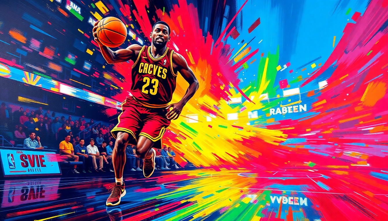 An abstract, expressionist painting in neon colors depicting a basketball player in motion, with the court and jersey dissolving into a blur of energy and emotion, capturing the spirit of the Cavaliers' Bow Tie Game tribute event.