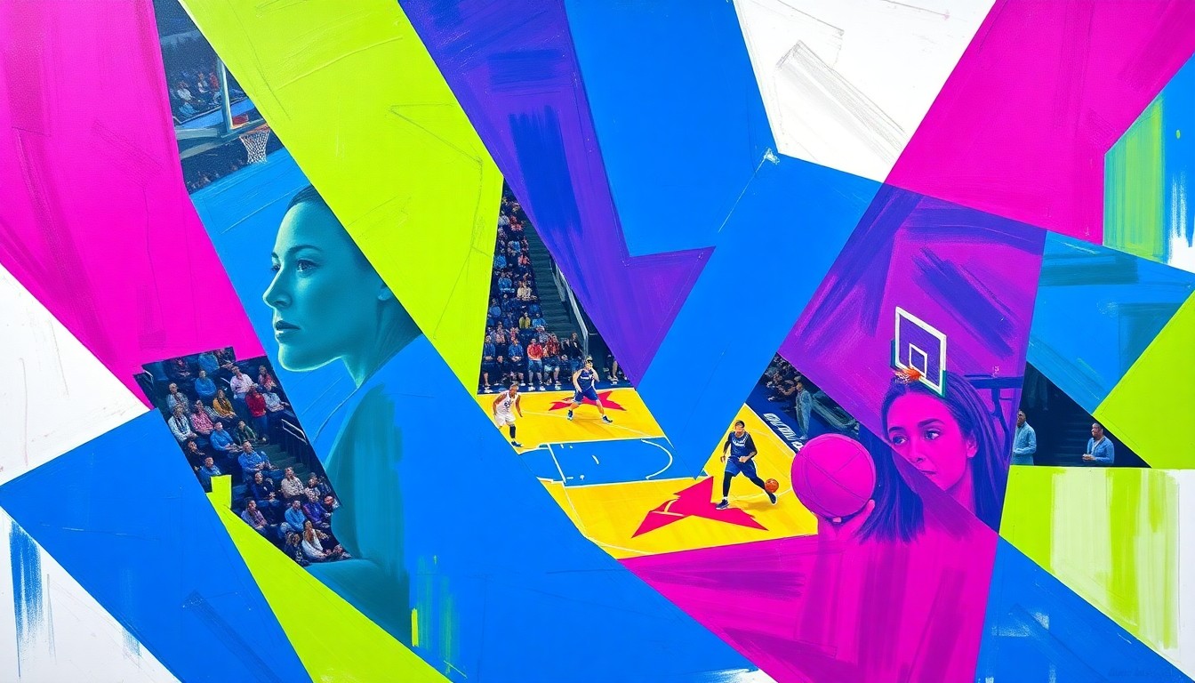 A fragmented, cubist-style painting depicting a WNBA basketball game, with the players and court broken down into sharp, overlapping geometric shapes in a vibrant color palette, conceptually representing the league's progressive approach to player rights and work-life balance.