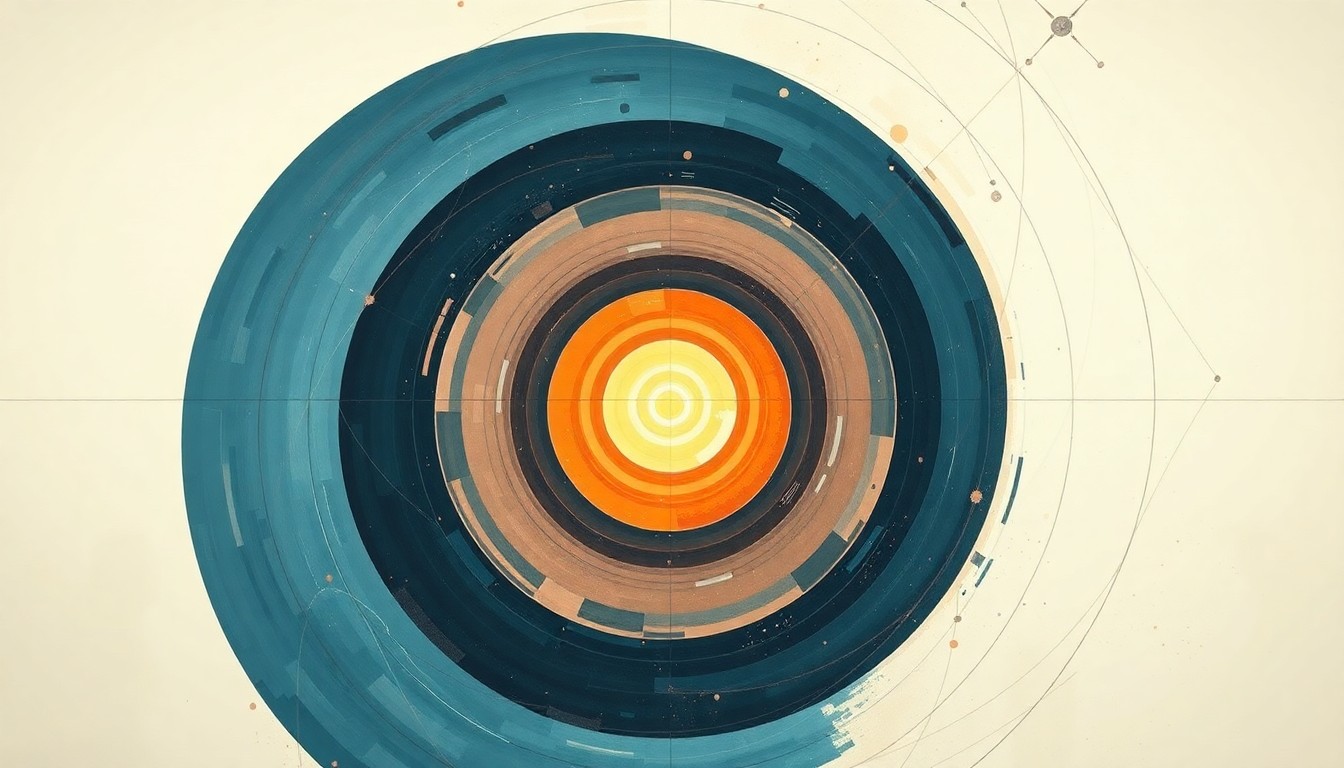 A bold, abstract painting featuring sweeping geometric arcs, concentric circles, and precise spirals in soft, flat colors, conceptually representing the complex scientific forces and concepts behind Thomas Edison's light bulb experiments and the potential creation of graphene.