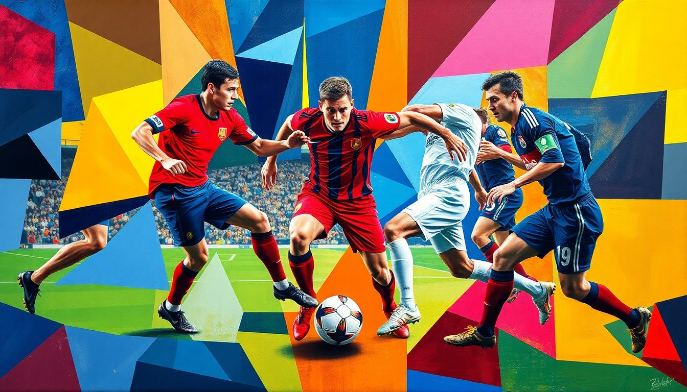 A cubist, geometric painting depicting a high-intensity football match, with the players' forms broken down into abstract shapes and planes of vibrant colors representing the teams' official colors.