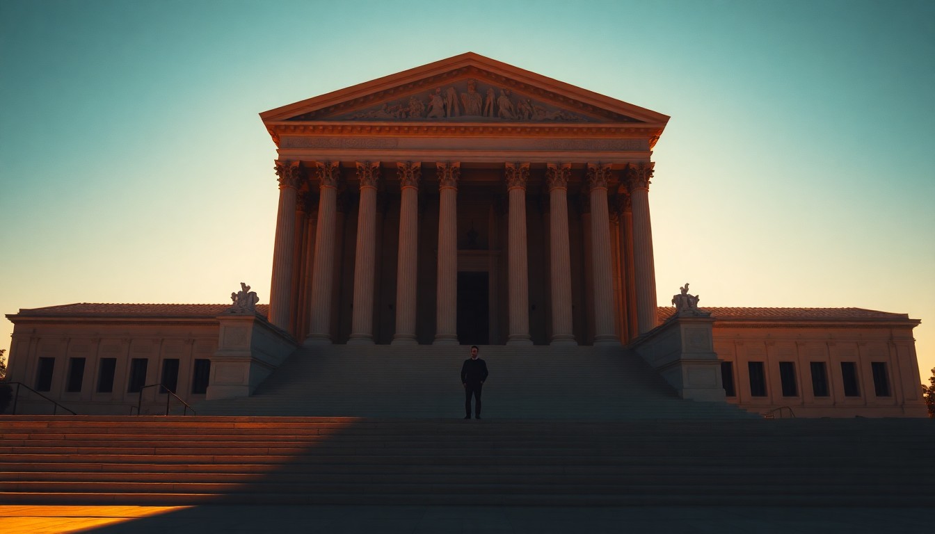A photorealistic painting in the style of Edward Hopper, depicting the exterior of the Supreme Court building in warm, golden light, with a lone figure standing solemnly on the steps, conveying a sense of the court's solemn responsibility.