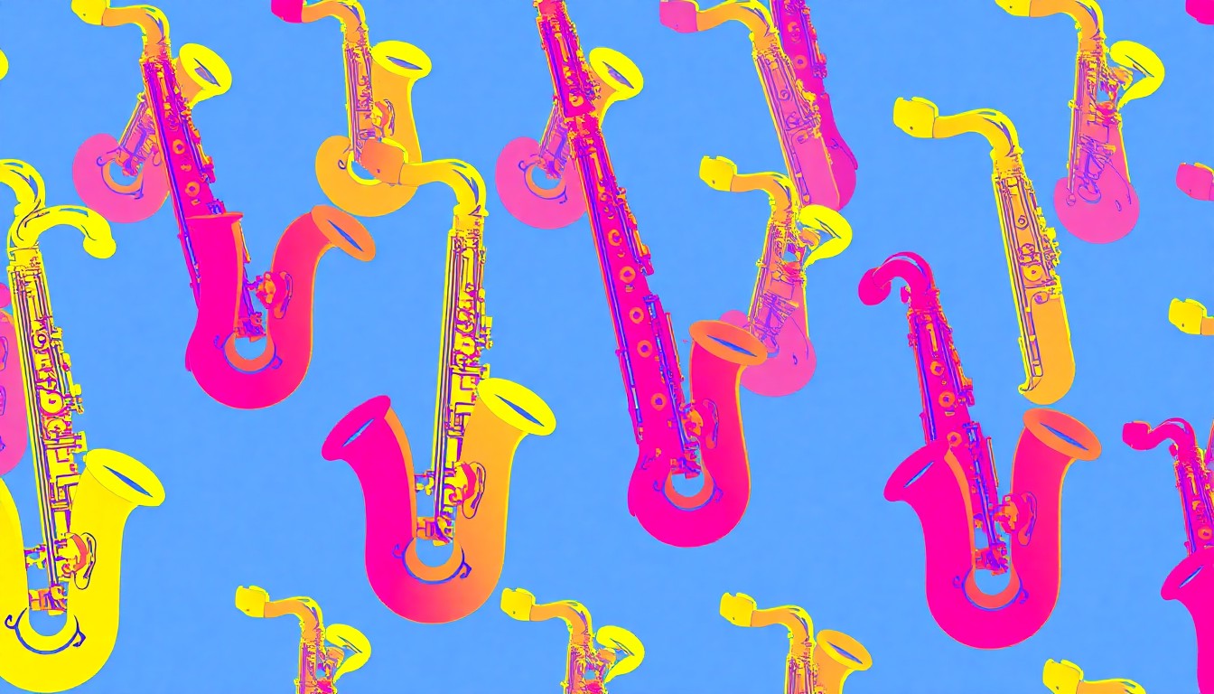 A brightly colored, high-contrast silkscreen print of a saxophone repeated in a tight grid pattern, capturing the energy and artistry of the Jefferson Forest High School Wind Symphony's performance at Carnegie Hall.