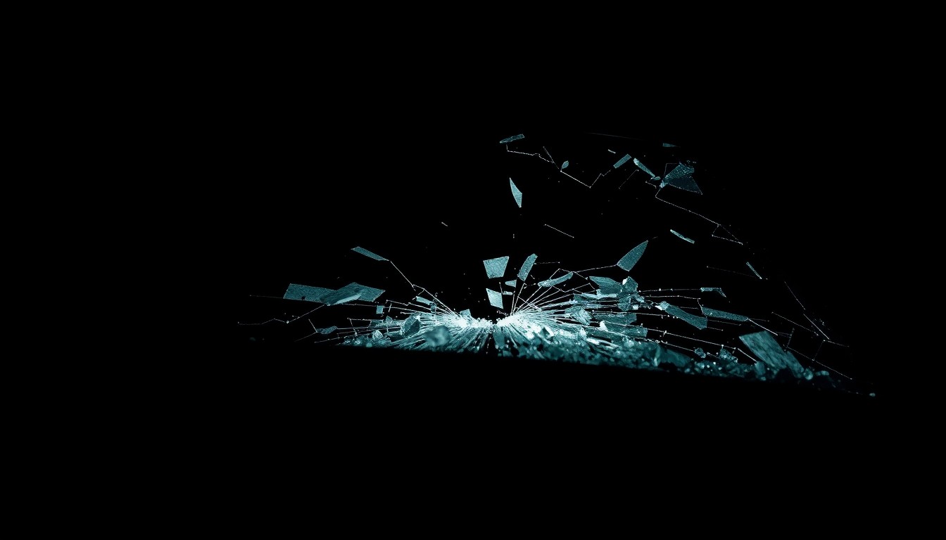 An extreme close-up photograph of a shattered car windshield or other damaged vehicle part, lit by a harsh, direct camera flash against a pitch-black background, conceptually illustrating the aftermath of a fatal traffic collision.