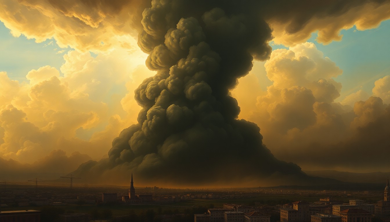 A vast, atmospheric landscape painting depicting a massive, billowing column of dark smoke rising up into a turbulent, foreboding sky, dwarfing the surrounding buildings and structures and conveying the overwhelming, sublime power of the natural disaster unfolding.